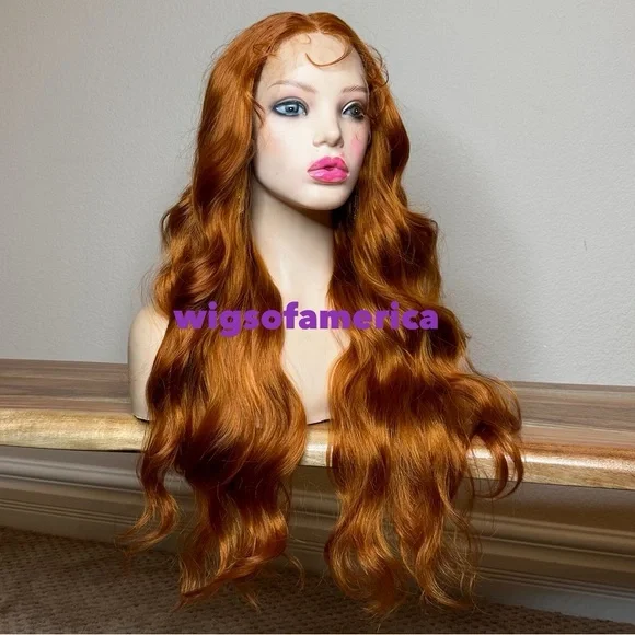 Orange ginger wig wavy layered lace front middle part 26 inch long heat ok - Picture 4 of 8